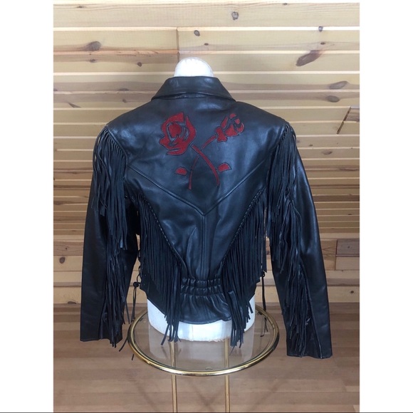 Vintage Echtes Leder Leather Moto Fringe Jacket w/ Red Roses Sz Small - Picture 4 of 7